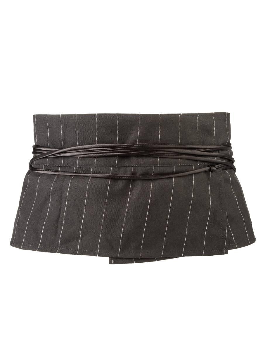 Maison Martin Margiela 2002 Collection black and white pinstriped wide waist belt with a back bustle and long satin self-tying string closures. New in Box with Tag.