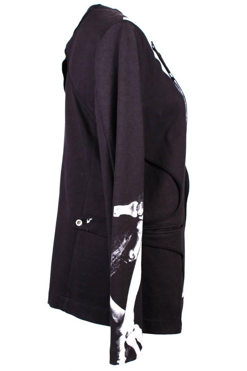 Yohji Yamamoto Y’s Red Label black cotton long jacket with a white X-ray style skeleton printed across the front and back. Two front pocket and a single front button closure. New With Tags.