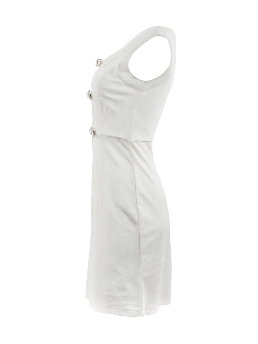 1980's Paco Rabanne white stretch velour mini dress with a square neckline and three metal buckles at the chest. New with Tags.