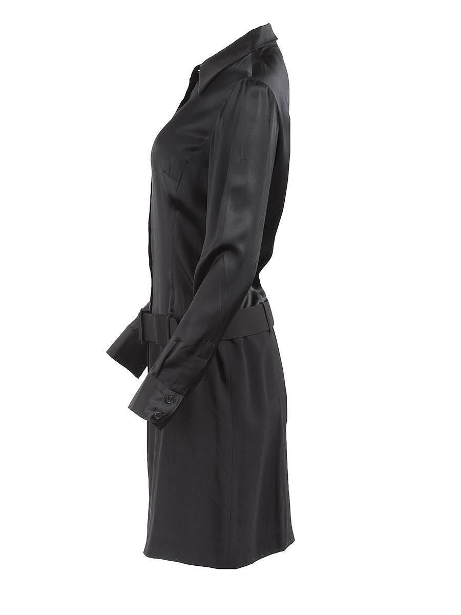 1980's New with Tag black silk button up shirt dress with a wool crepe skirt and wide attached belt from PACO RABANNE.