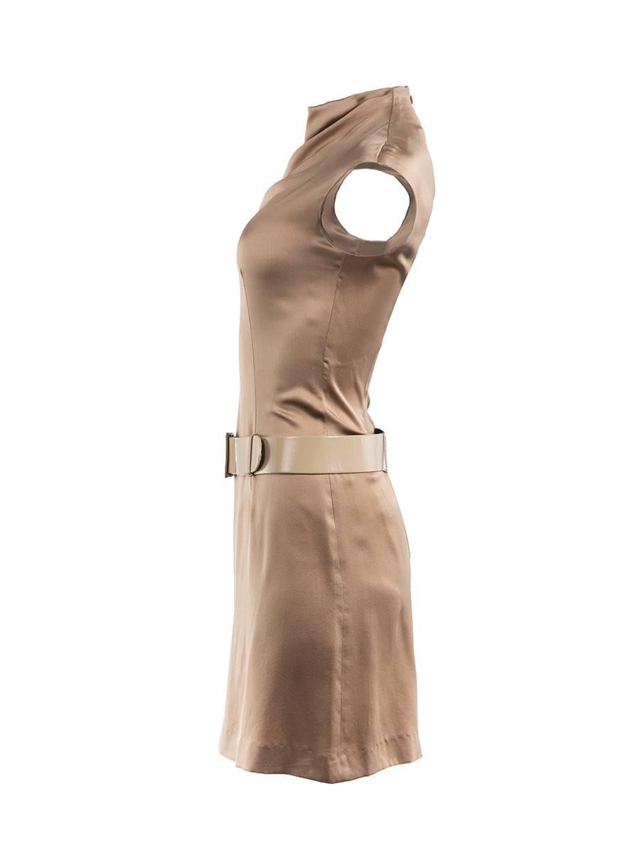 Gold silk sleeveless mini dress with a mock neck and hidden back zipper featuring an attached tonal wide belt from PACO RABANNE 1980's collection. New with Tag.