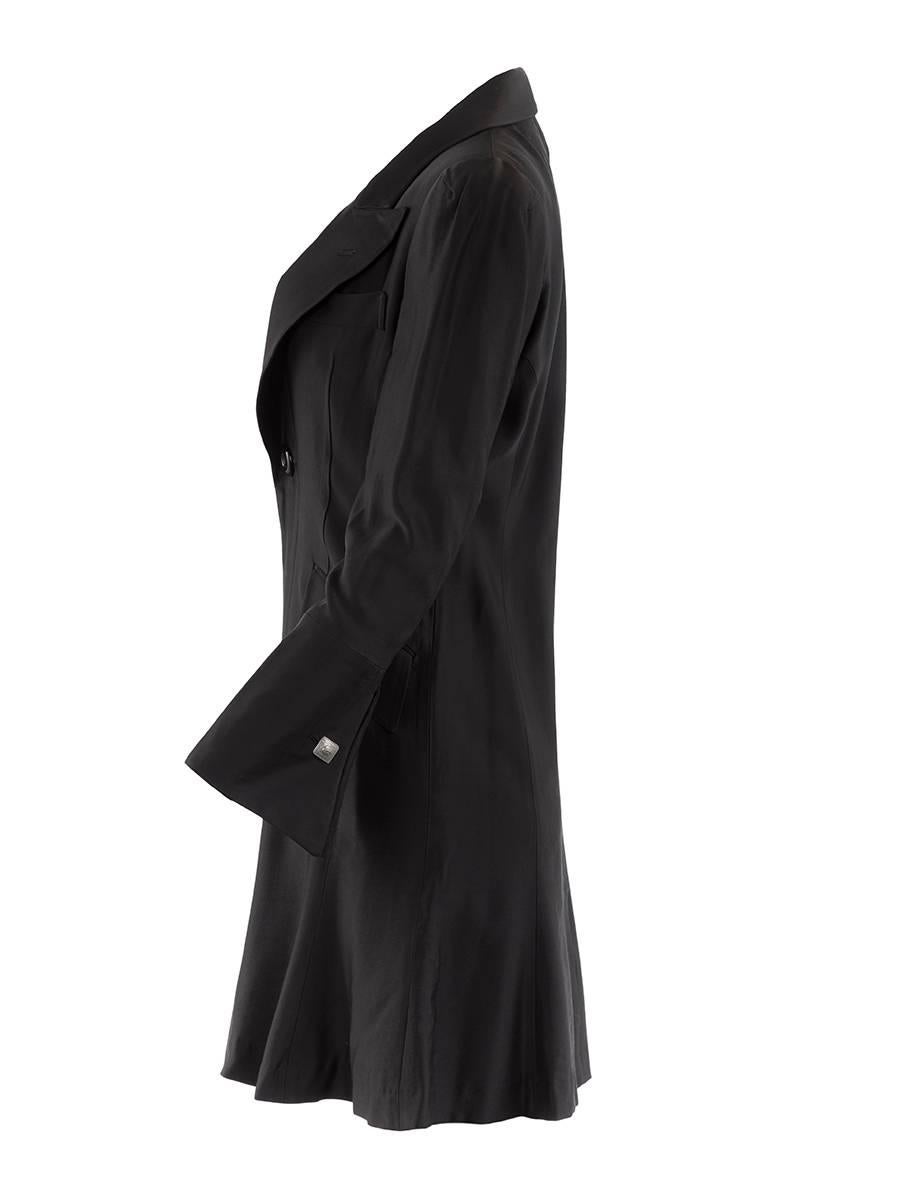 1980's Rare Matsuda black wool crepe tuxedo coat dress with a fitted eaist and oversize cuffs at the sleeves. New with Tags.