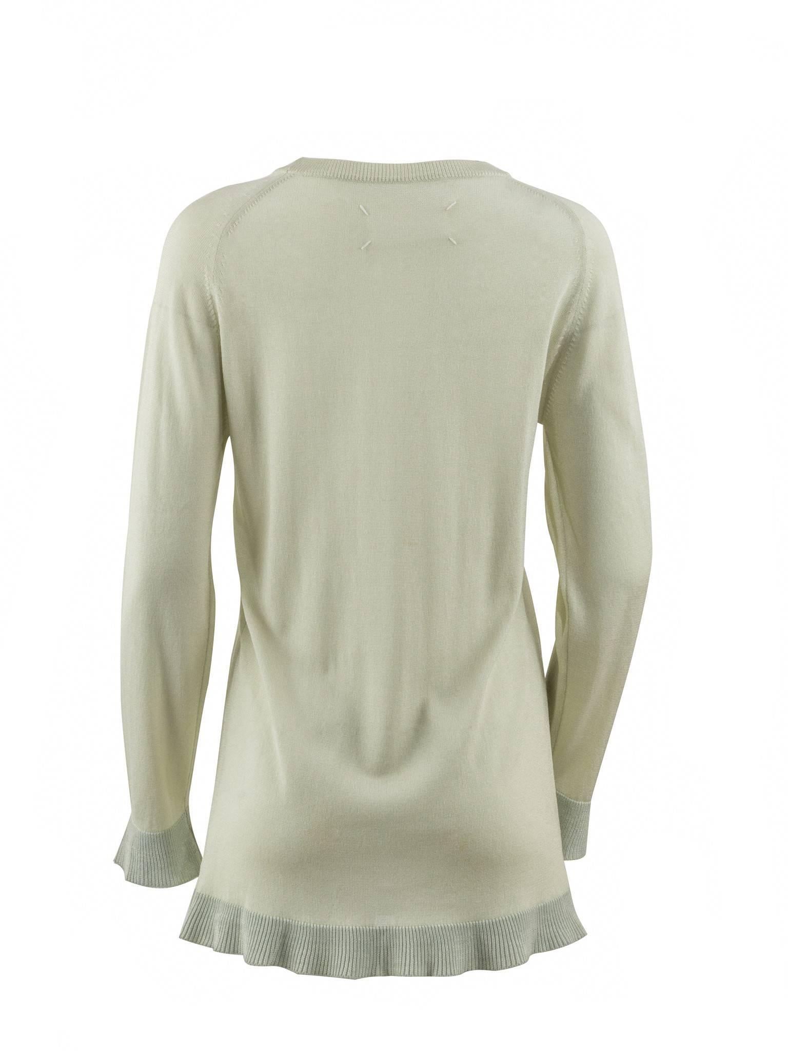 Seafoam silk knit crewneck sweater with ribbed sleeves and bottom cuffs from the MAISON MARTIN MARGIELA Artisanal Collection. New with Tags.

