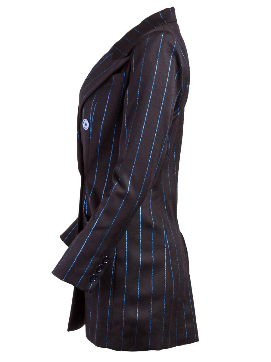 1980's Vintage New with Tag, Chantal Thomass black and royal blue pinstriped double breasted fitted long jacket with slanted front pockets, back vent and fitted sleeves. 