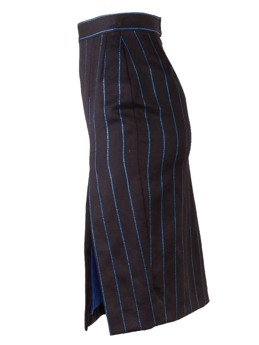Chantal Thomass 1980's NWT black and royal blue silk pinstriped fitted pencil skirt with a back slit and zip and button closure.