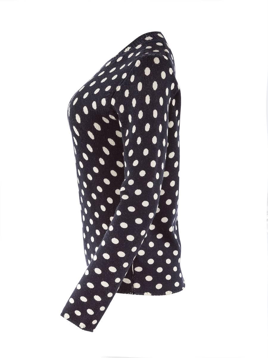 20th Century NWT Comme Des Garçons navy cotton fitted v-neck sweater with ribbed edges and an all-over white polkadot print and solid white interior. 