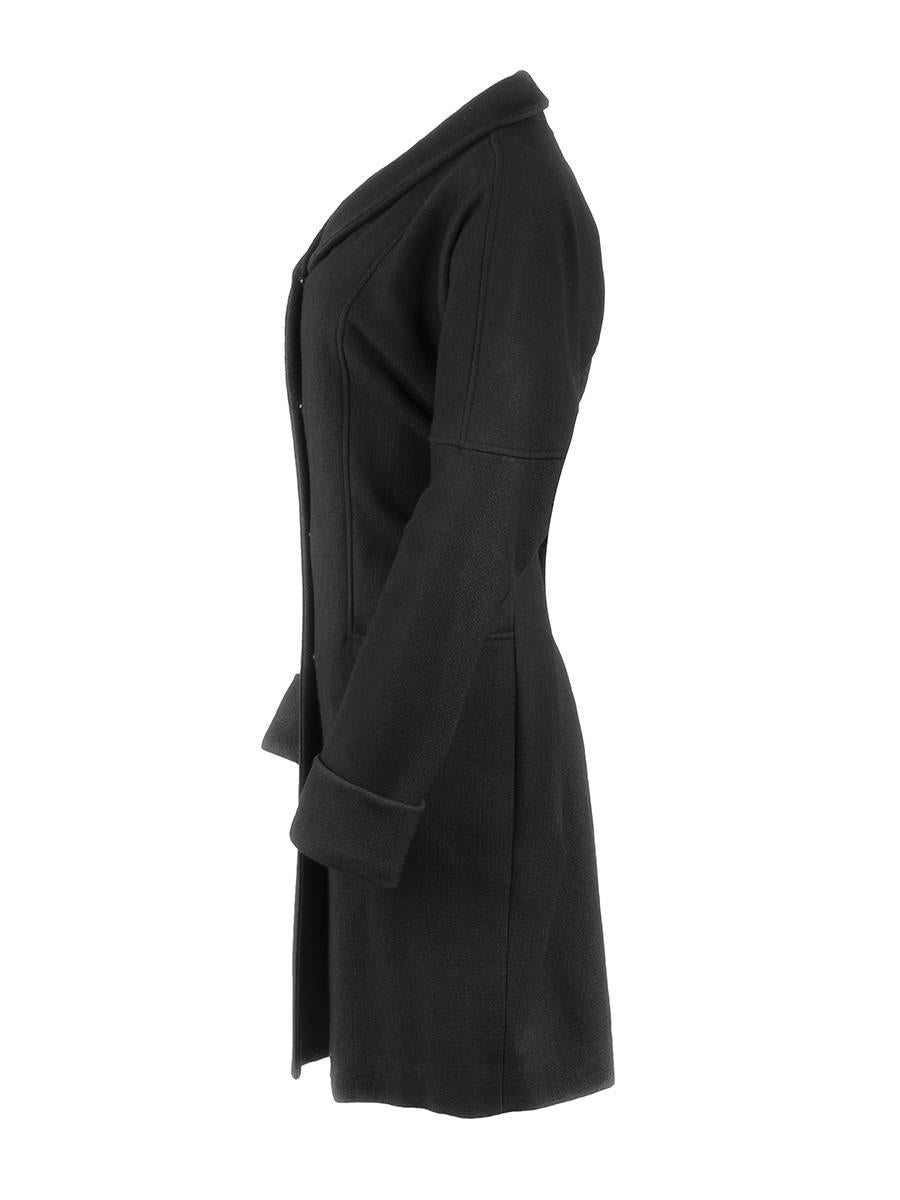 MAISON MARTIN MARGIELA Line 1 New with Tag black wool shawl-collar single-breasted overcoat with oversize cuffs, side slit pockets and shoulder paneling.

