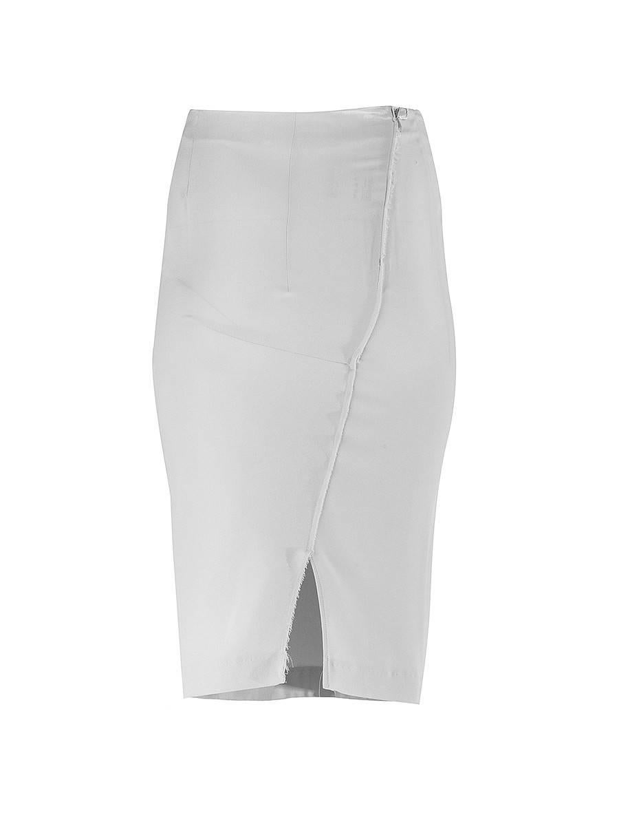 20th Century NWT Maison Martin Margiela Line 1 white silk simple pencil skirt with an asymmetric back seam and zipper and slightly frayed fabric edges in back leading to a small slit. 