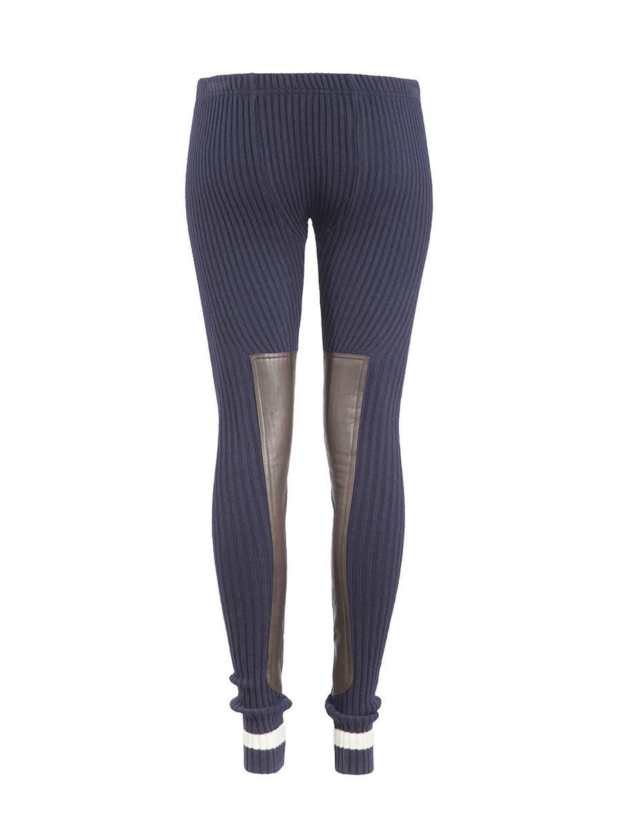 Undercover Clothing NWT navy ribbed thick wool low waist leggings with inner brown leather panels and white stripe detailing at the ankles.

