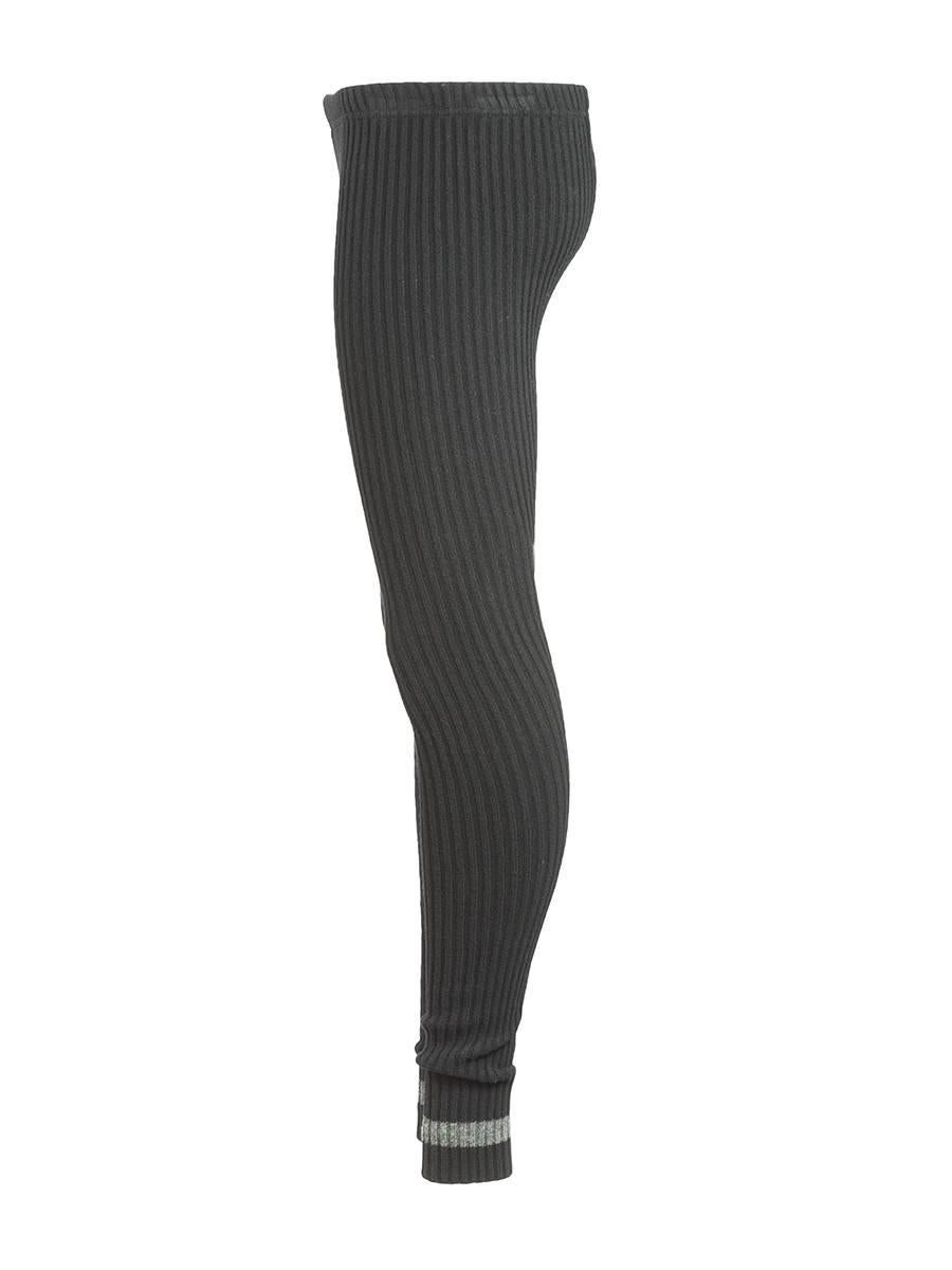 Undercover Clothing NWT black ribbed thick wool low waist, long john-style leggings with inner black leather panels and heather grey stripes at the ankles.

