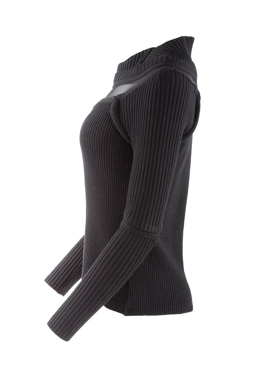 Undercover black heavy cotton ribbed knit turtleneck sweater with mesh cutouts at the neckline and sleeves. New with Tag.