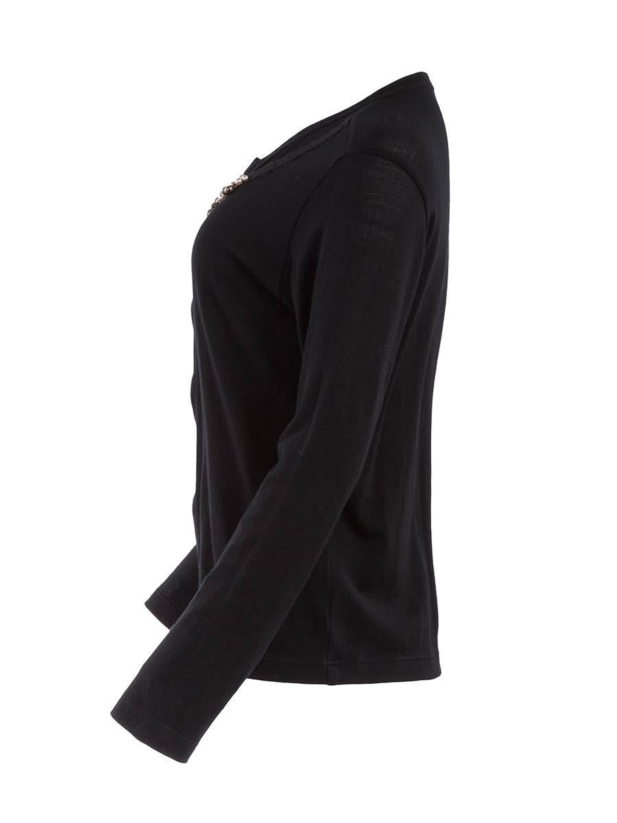 Comme des Garçons black wool lightweight cardigan with pearl and crystal detailing at the rounded neckline. New with tag.