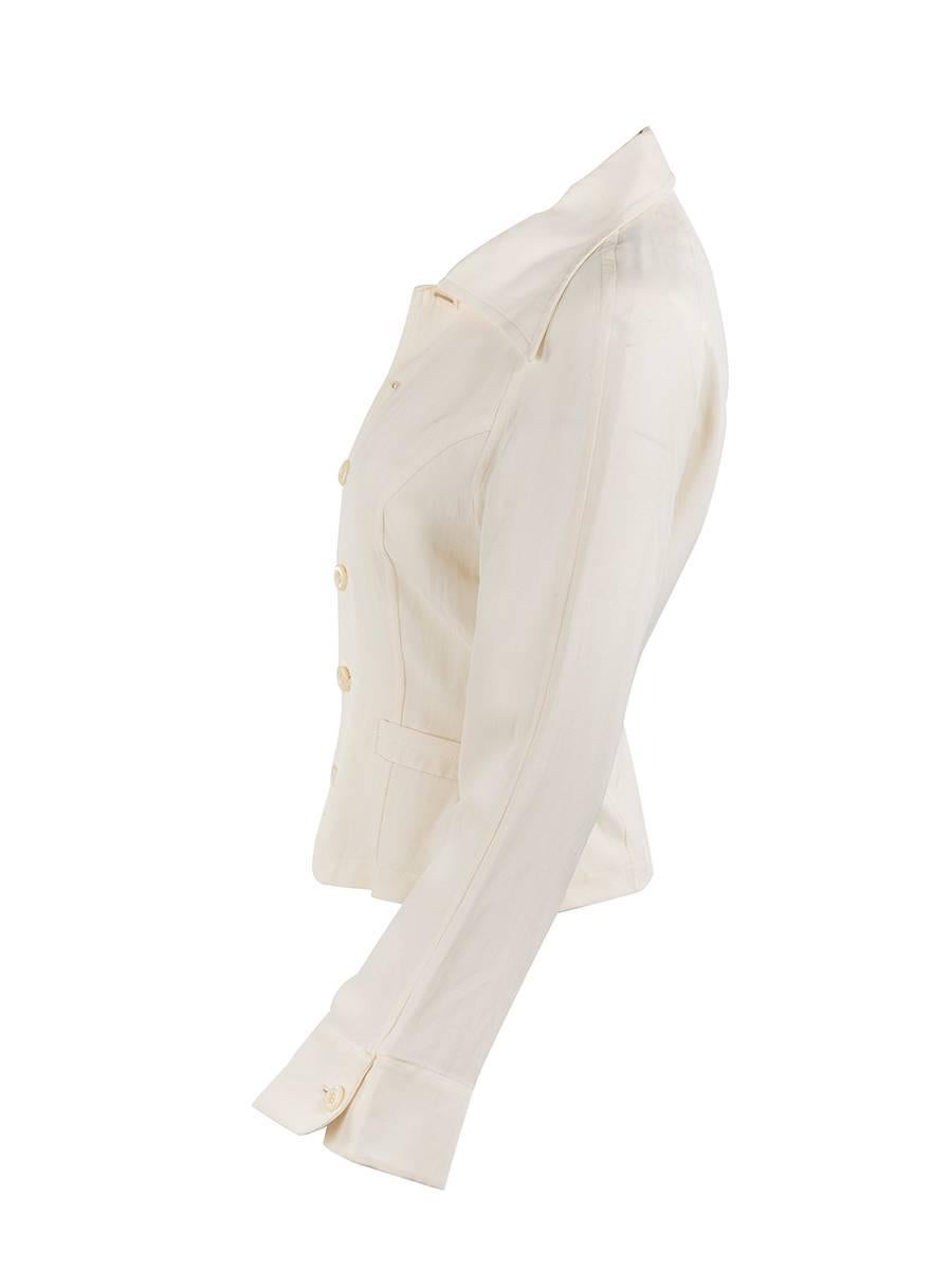 1980's Matsuda cream poly blend wide collar fitted jacket with a cinched waist featuring adjustable side pulls. New with tags.

