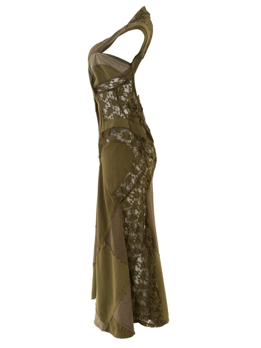 2006 FALL/WINTER Collection Rare JUNYA WATANABE army green lace and cotton patch-work fishtail gown with a fitted bodice, halter neckline and cut-outs throughout the construction. New with Tags.