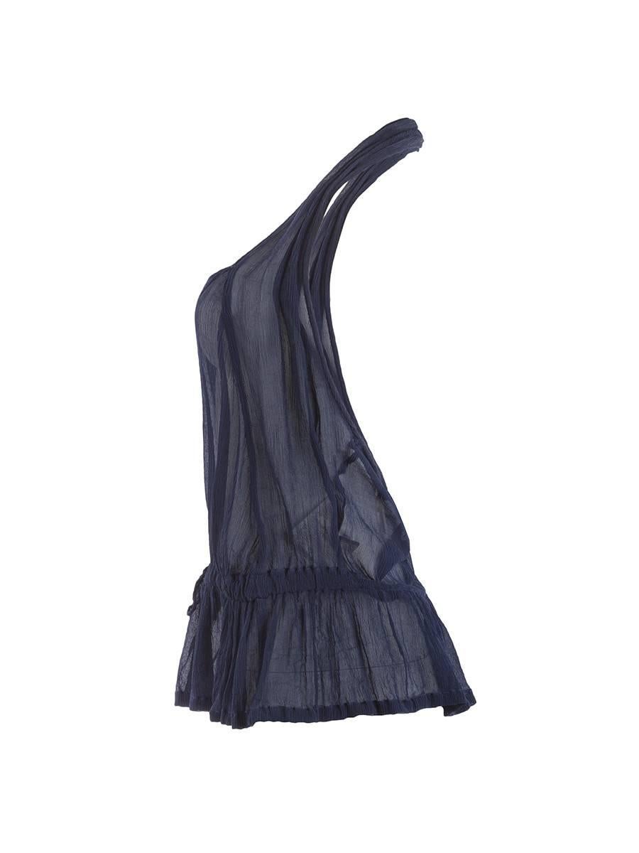 1990's Comme des Garçons navy sheer crinkled silk halter top with an open back and drawstring waist.