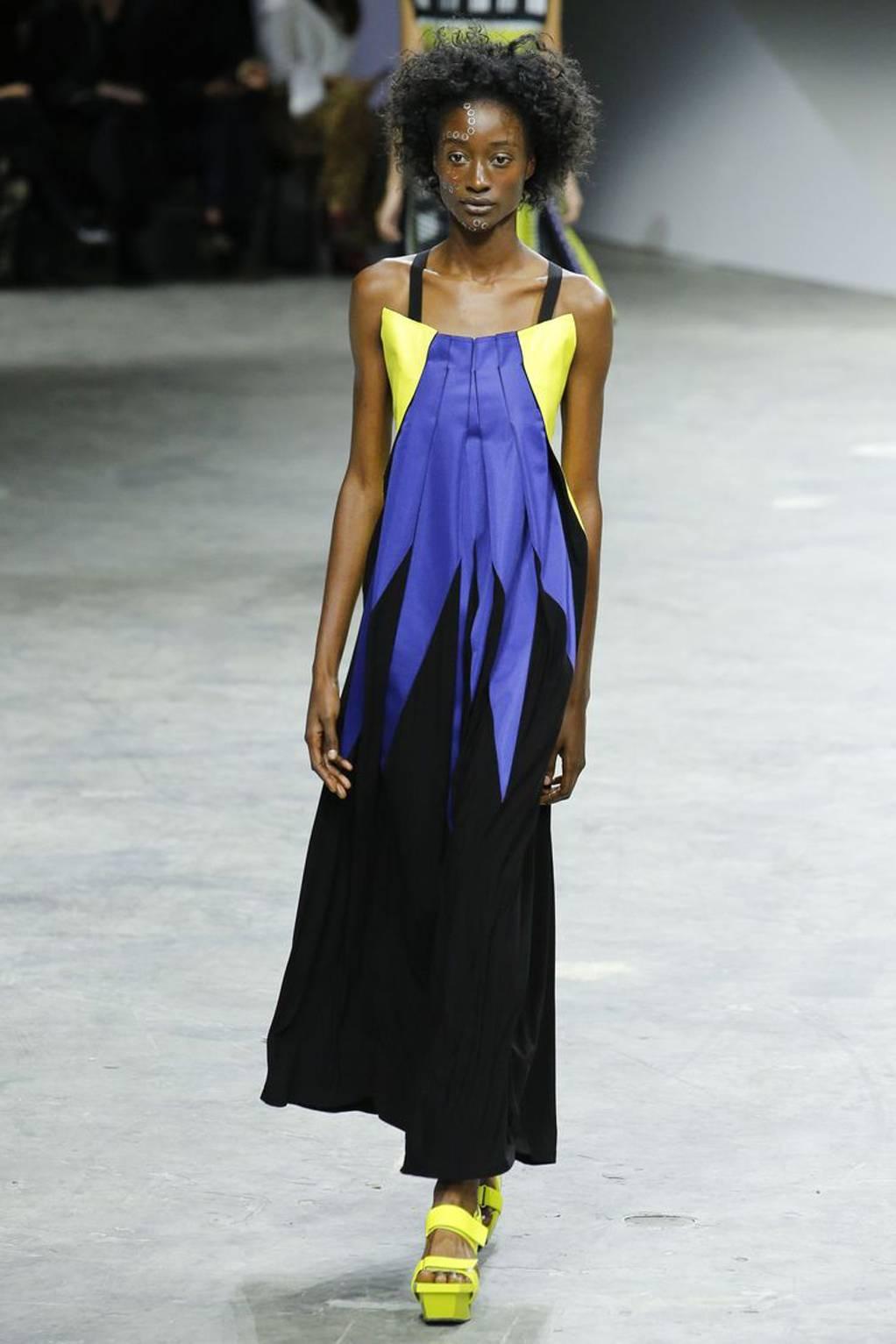Pleated black, blue and yellow color block 'Stick' maxi dress with criss-cross straps and square neckline from Issey Miyake. New with Tags.

Designer Style ID: IM77JH511