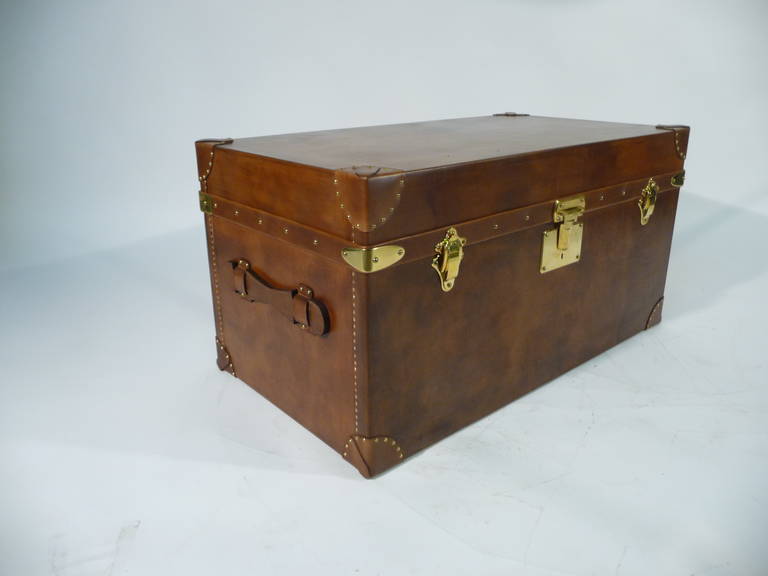 Brass Leather Steamer Trunk 20th Century For Sale