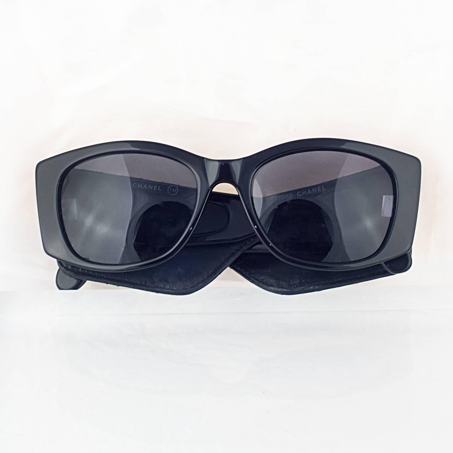 Black Chanel Famous Leather Wing Sunglasses, 1980s For Sale