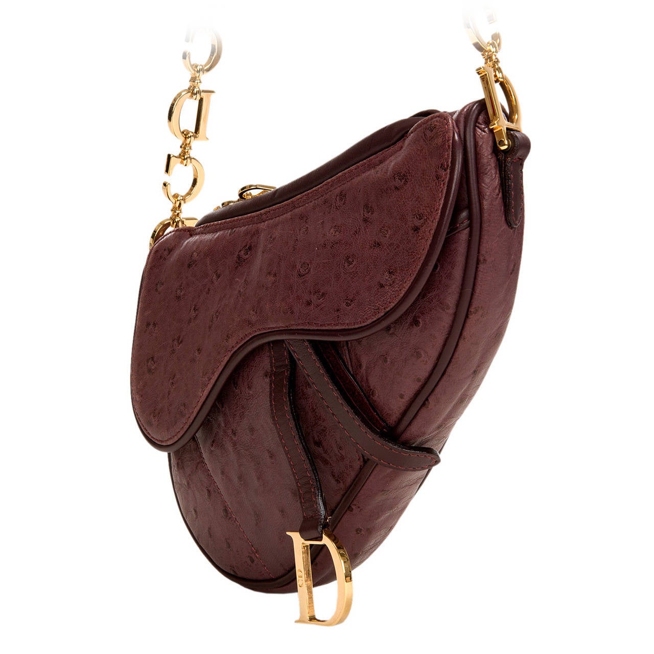 WOW ! Christian Dior Aubergine 'Saddle' Bag in Ostrich with Gold Logo Hardware For Sale