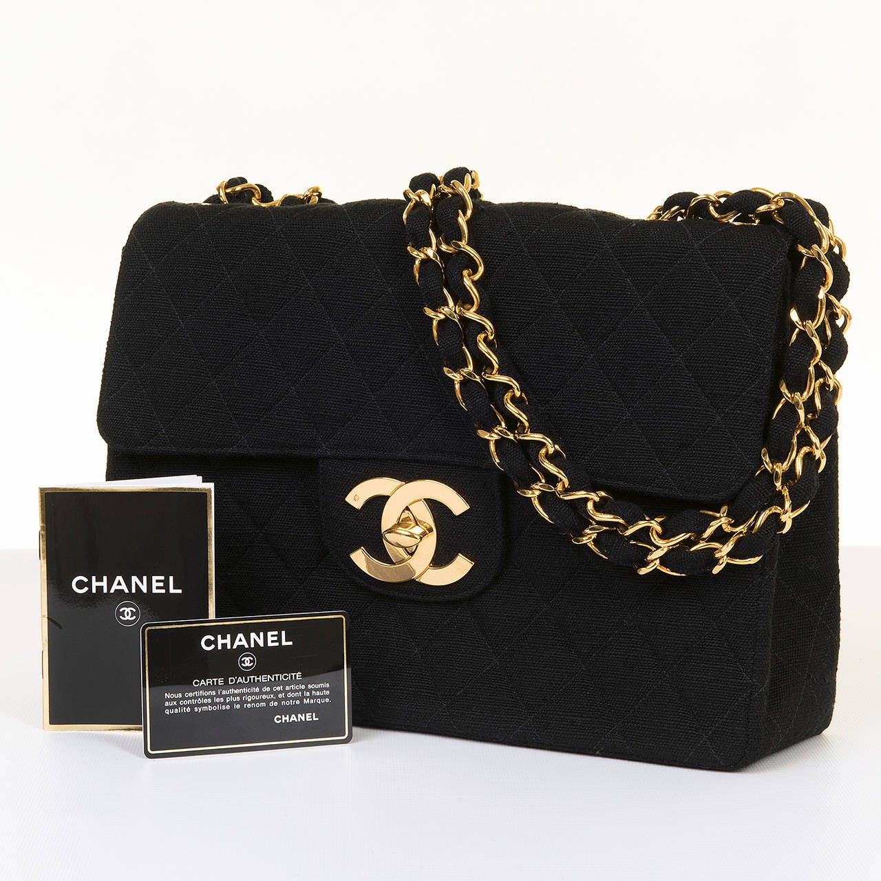 A Rare Chanel Black 'Shantung' Linen - Quilted JUMBO Bag with Goldtone Hardware