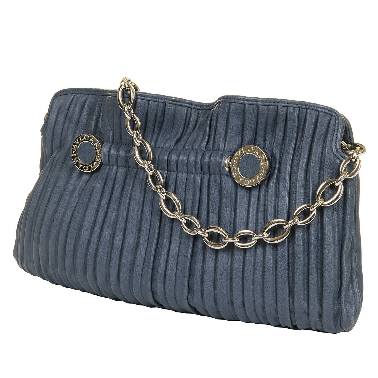 WOW! Bulgari Pleated Blue Lambskin Clutch/Shoulder Bag with Palladium Hardware In Excellent Condition In By Appointment Only, GB