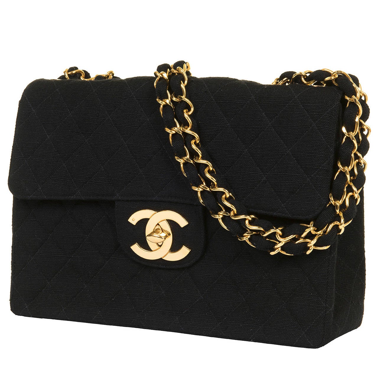 A Rare Chanel Black 'Shantung' Linen - Quilted JUMBO Bag with Goldtone Hardware