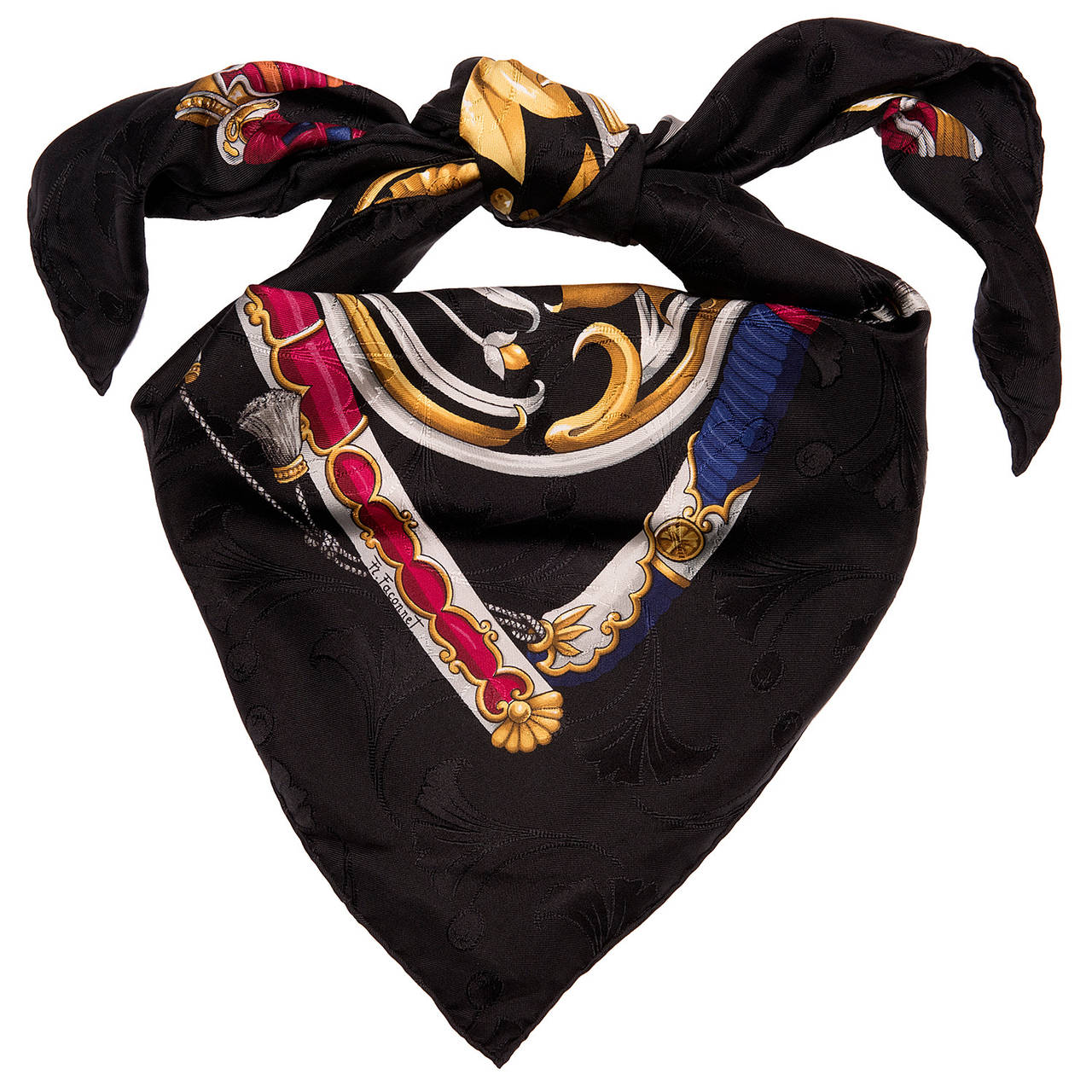Real luxury with this Silk 'Damask' Scarf by Hermes. Fantastic design and deep, rich colours mark this as a very special example. The full title of the scarf is 'Daymo Princes du Soleil Levant' and it was designed by one of Hermes favourite