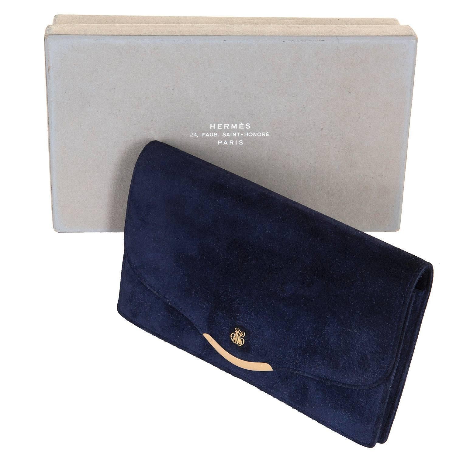 A Very Rare & Beautiful  Vintage Hermes Royal Blue 'Veau Doblis' (Suede) Clutch Bag with an 18 carat Gold Clasp. This special order bag is in pristine condition throughout with matching suede to the interior with two compartments, one fitted with a