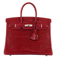 PRISTINE Hermes 35cm Birkin 'Braise Red' Crocodile Bag with Palladium Hardware