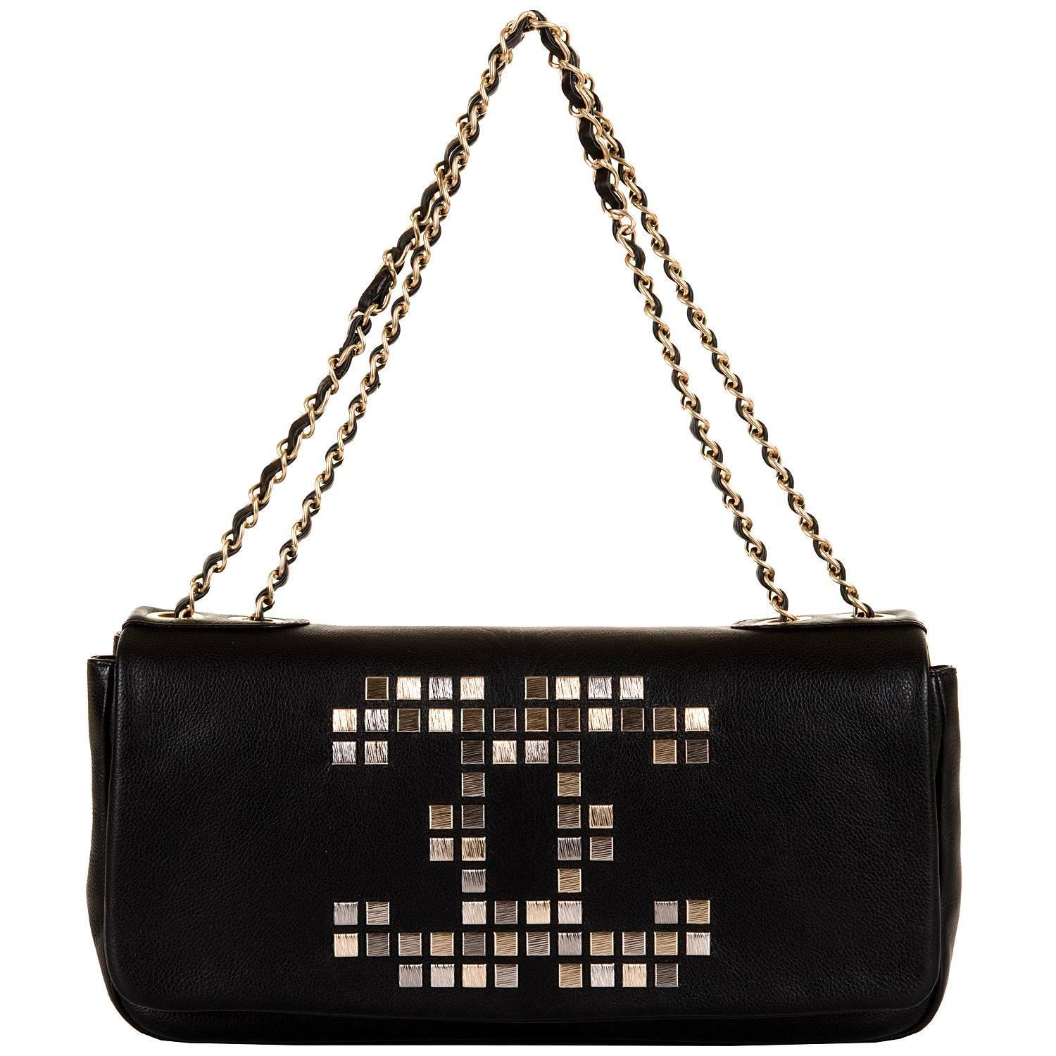 Unusual Chanel Jumbo Black Leather 'Mosaic' Shoulder Bag