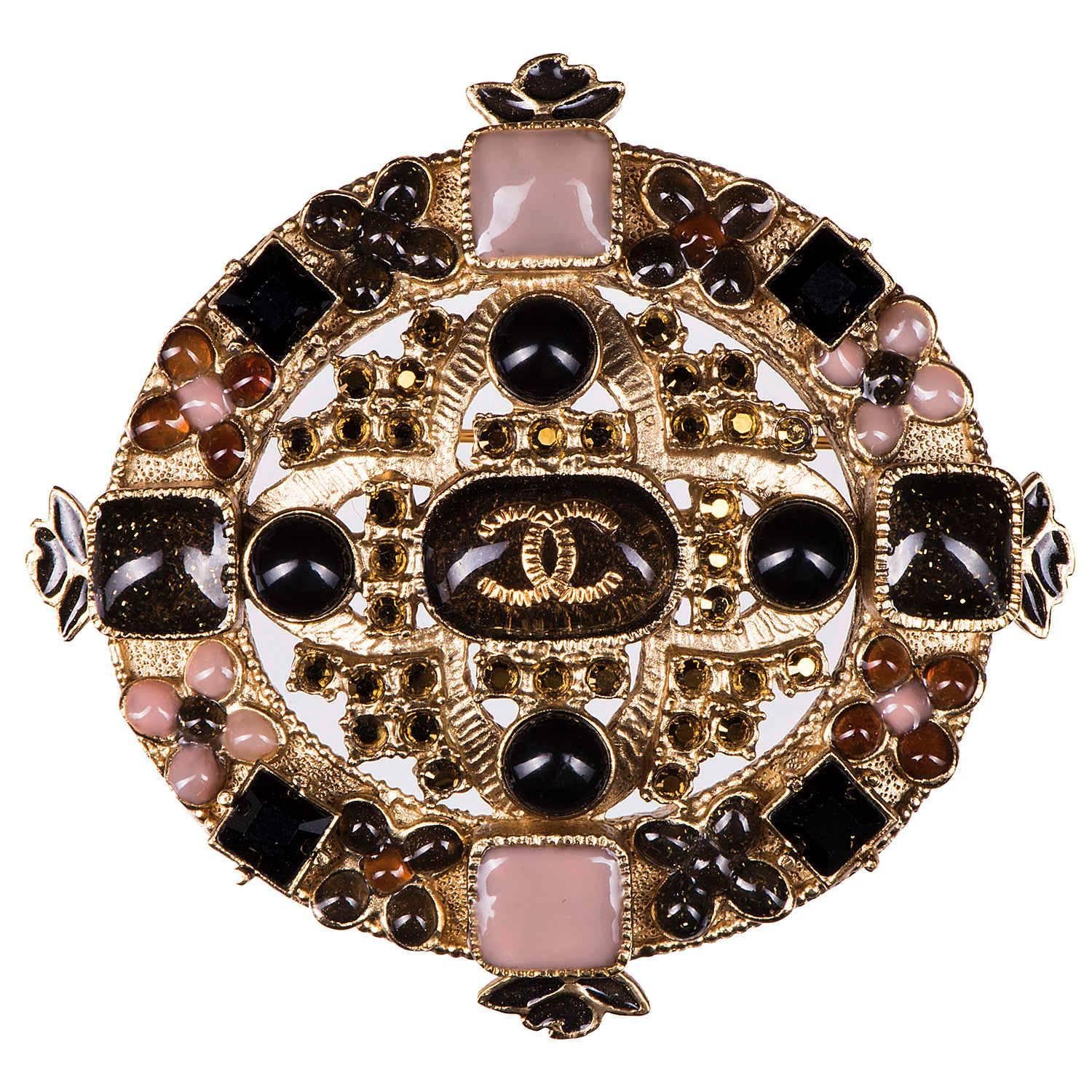  Rare Chanel Brooch with Pink, Yellow, Black & Amber Stones 
