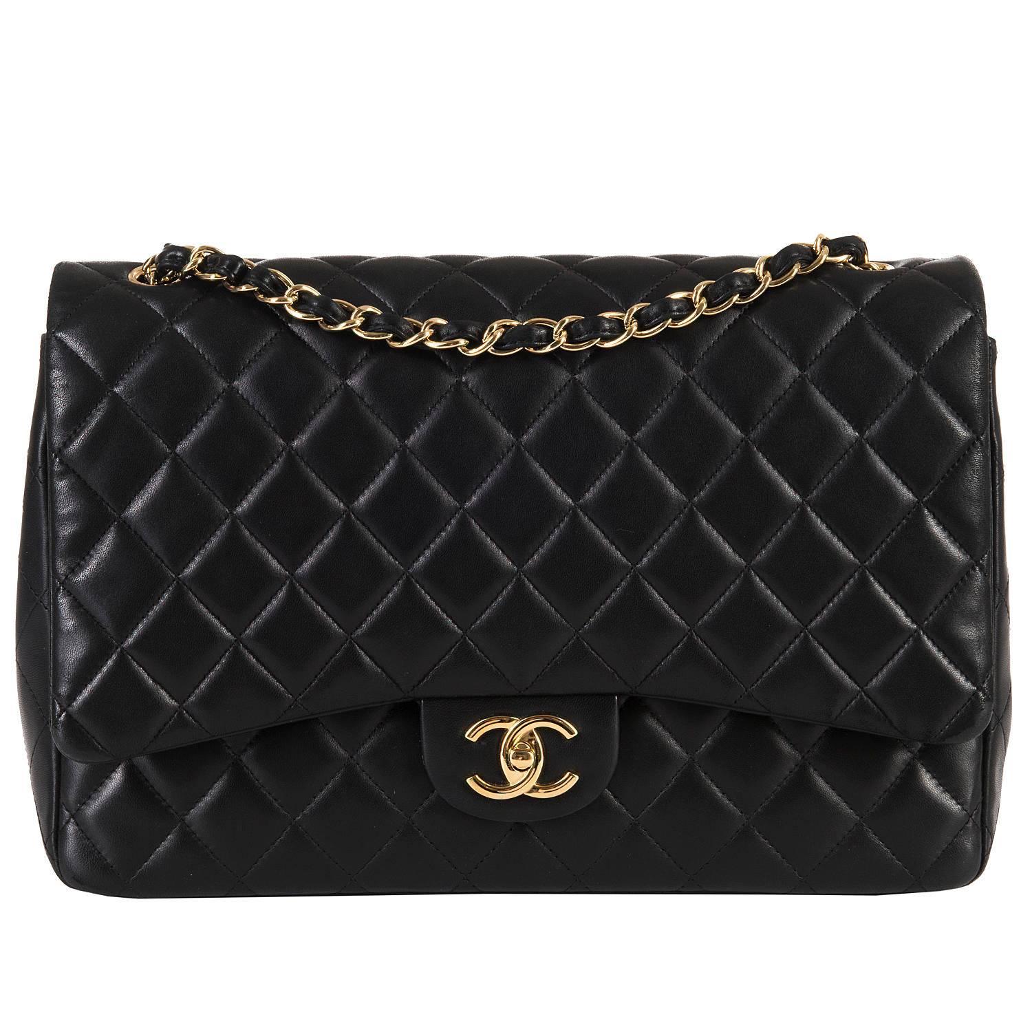WOW Chanel Black Maxi Double Flap Quilted Bag with Gold hardware For Sale