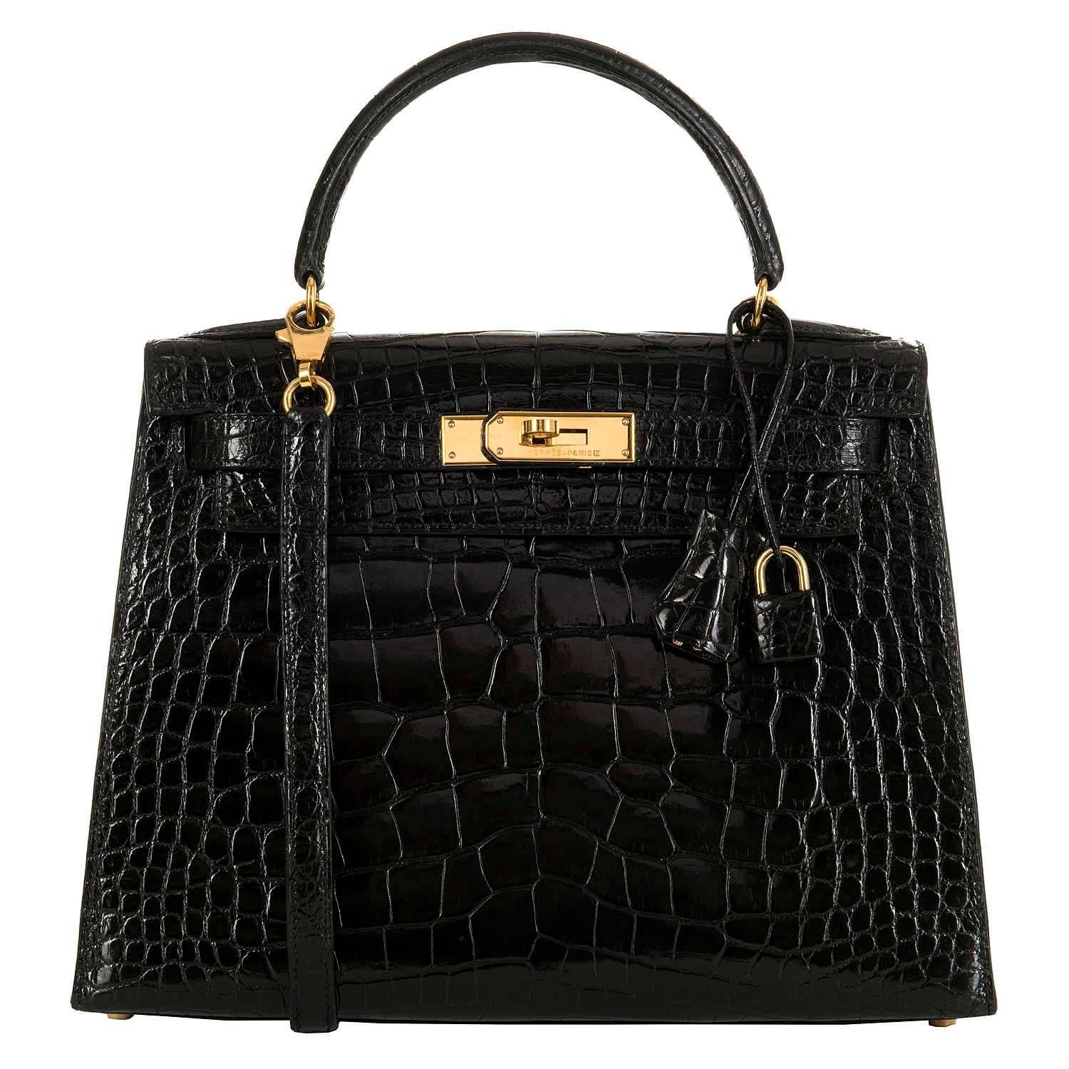 WOW Pristine Hermes 28cm Shiny Black Crocodile Alligator Kelly Bag with Gold HW