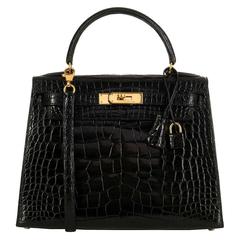 Vintage WOW Pristine Hermes 28cm Shiny Black Crocodile Alligator Kelly Bag with Gold HW