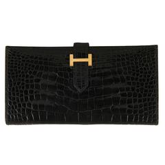Pristine & Very Rare Hermes Shiny Black Crocodile Alligator 'H' Bearn Wallet