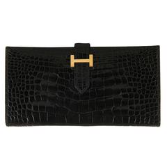  Pristine & Very Rare Hermes Shiny Black Crocodile Alligator 'H' Bearn Wallet 