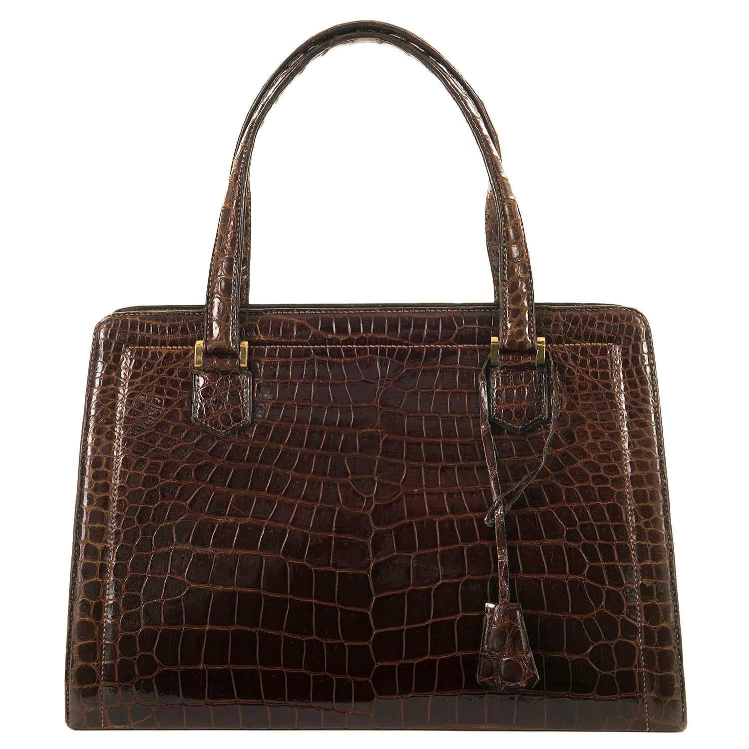 So So Rare Vintage Hermes 30cm Cognac 'Sac Pullman' Shiny Crocodile Handbag 