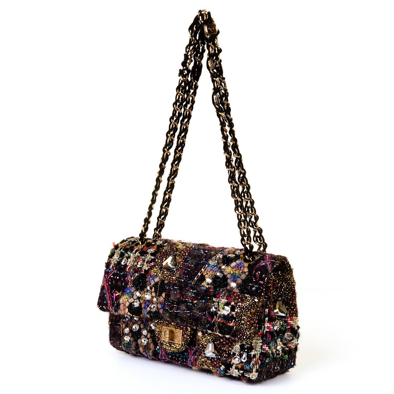 A Very Rare Chanel 'Sac 2.55' Multicoloured Tweed  & Bejewelled Flap Bag In Excellent Condition In By Appointment Only, GB