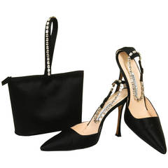 Important Manolo Blahnik Shoes & Matching Bag in Black Silk & Faux Diamonds