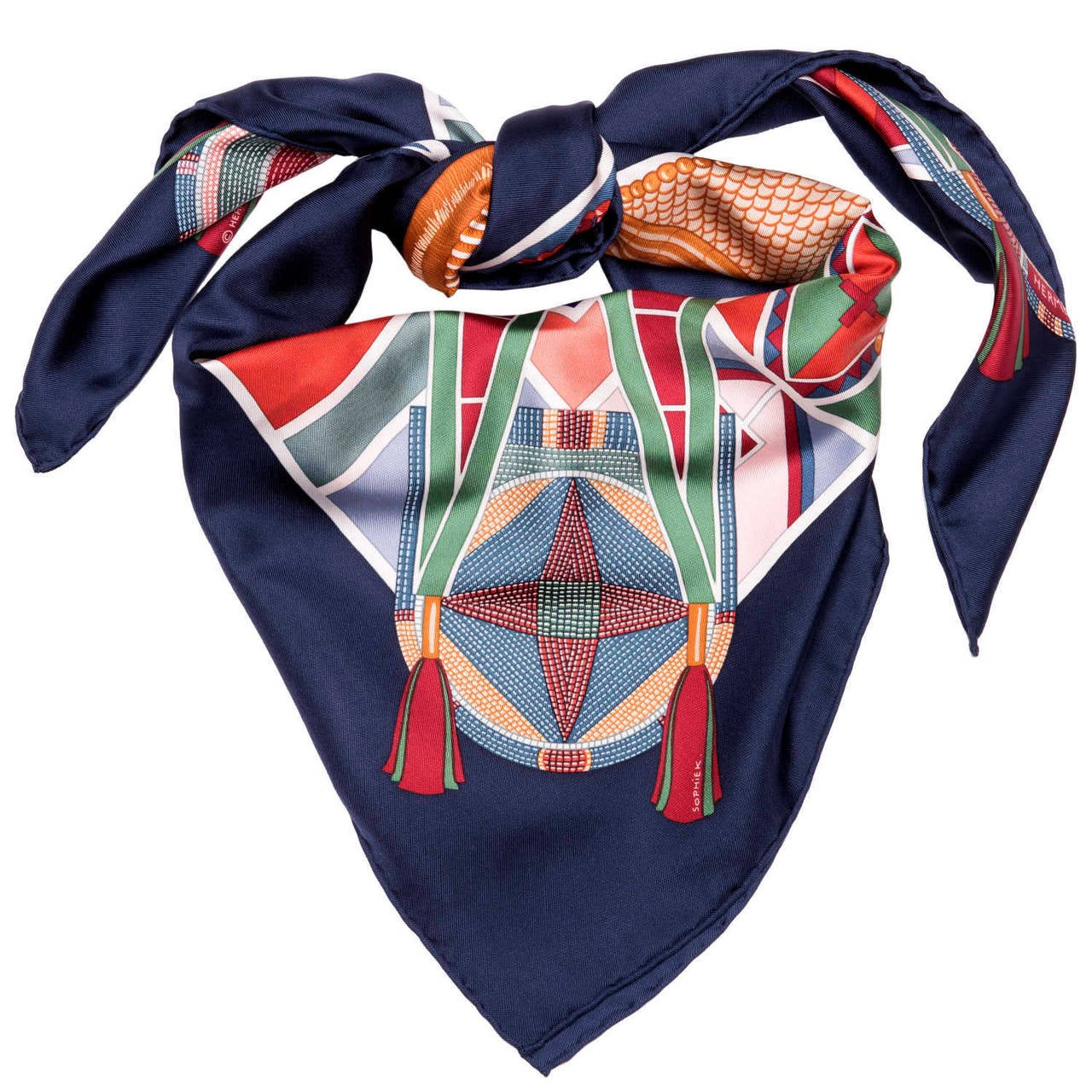  This Fabulous Hermes Silk scarf is in pristine 'strode-fresh' condition. 'L'Art Indien des Plaines', with it's strong American Indian History themes, was designed by Sophie Koechlin in 2004. With it's black border and multi-coloured ground, its a