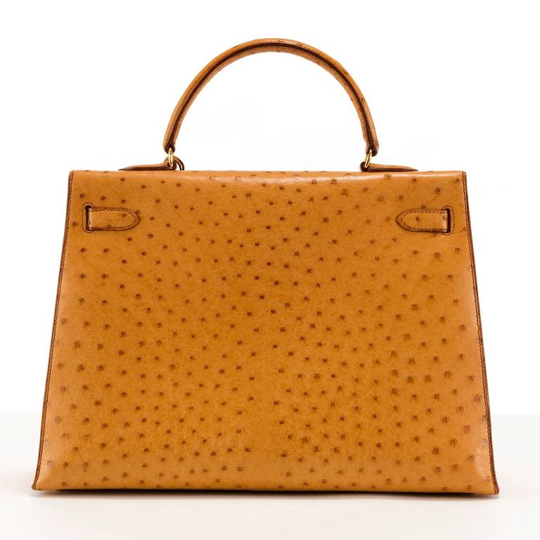 Hermes 35cm 'Kelly' Handbag in Saffron Ostrich-Skin with Goldtone Fittings In Excellent Condition In By Appointment Only, GB