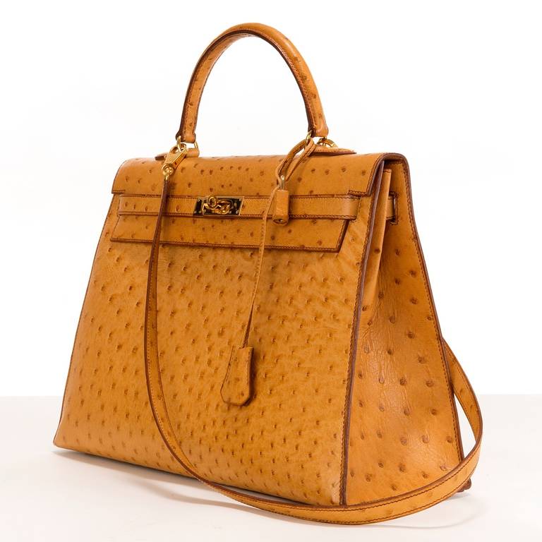 Hermes 35cm 'Kelly' Handbag in Saffron Ostrich-Skin with Goldtone Fittings 1
