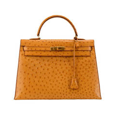 Hermes 35cm 'Kelly' Handbag in Saffron Ostrich-Skin with Goldtone Fittings