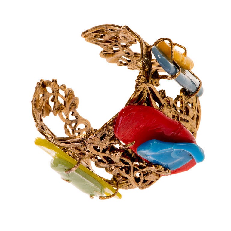 Nina Ricci,  Gold metal Cuff, set with Abstract Coloured Resin Stones For Sale