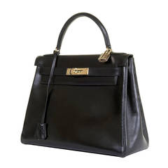 A VERY RARE Vintage Hermes 29cm Kelly Bag in Black Box Leather / Gold Hardware