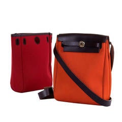 A Rare Size Hermes Changeable Mini 'Herbag' in Red & Orange Toile, Gold Hardware