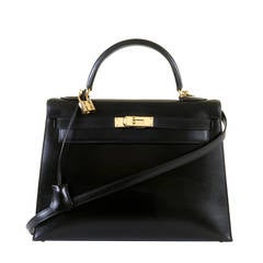 PRISTINE Hermes Kelly 33cm 'Sellier' Bag in Black Box Leather with Gold Hardware