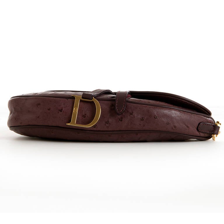 Christian Dior, Aubergine, Ostrich Skin, Saddle Bag with 'CD' Logo Gold Strap 1