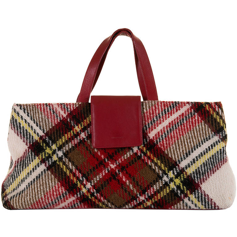 Burberry Large Tote Bag, in Tartan Check & Burgundy Trim For Sale