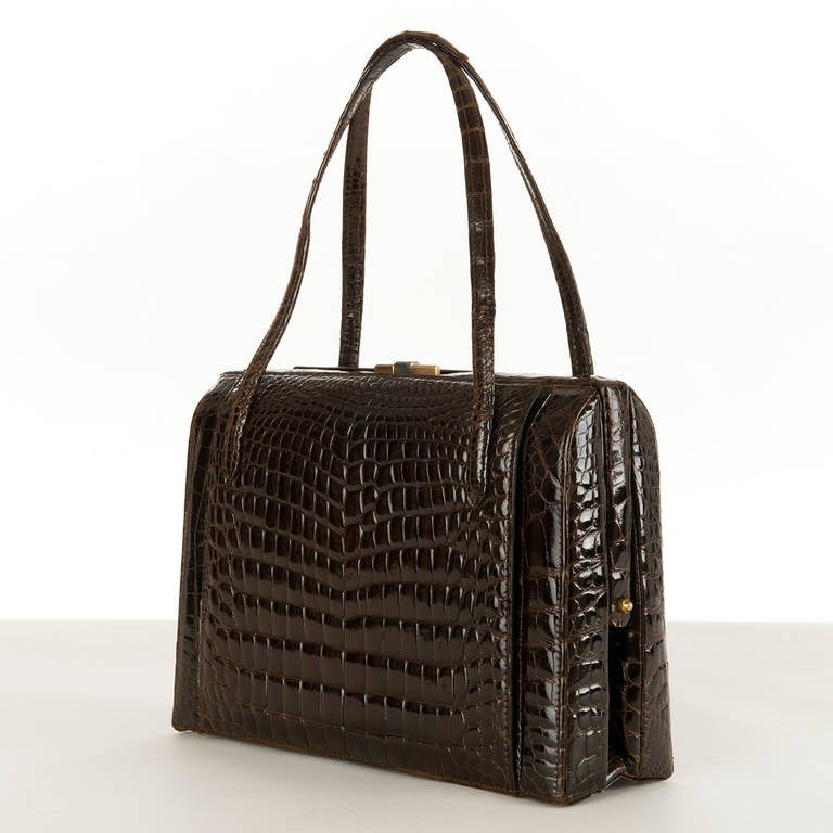A Rare Chocolate Brown 'Porosus' Crocodile Handbag by Asprey, London In Excellent Condition In By Appointment Only, GB